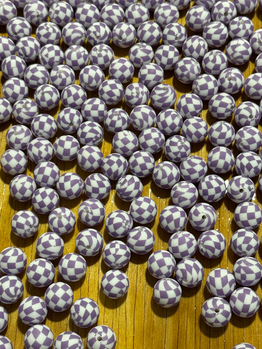 15mm Purple Checkered Silicone Printed Beads – Sold Individually