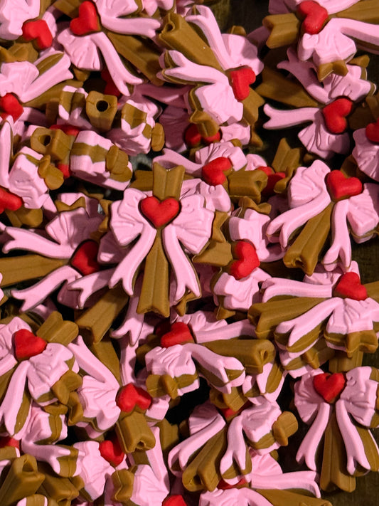 Pink Bow Cross Silicone Focal Bead with Heart – Valentine Style | Sold Individually