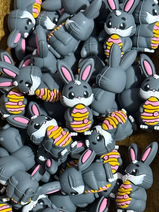 Gray Bunny Silicone Focal Bead with Easter Egg – Spring Theme | Sold Individually