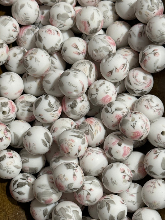 15mm Vintage Floral Printed Silicone Bead – Single Round Focal Bead for Beaded Pens, Keychains, Jewelry & DIY Crafts