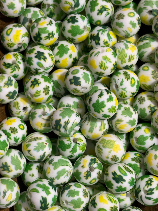 15mm St. Patrick’s Day Clover Printed Silicone Bead – Single Shamrock Green & Yellow Round Bead for Beaded Pens, Keychains & Spring Crafts