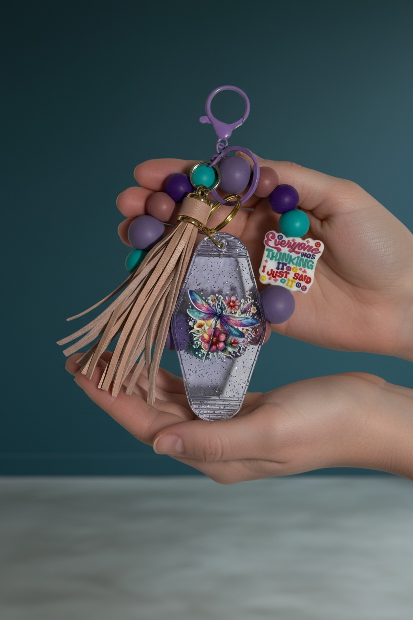 Dragonfly Wristlet Keychain Carry the Happiness – Joyful Beaded Bag Charm with Tassel & Glitter Acrylic