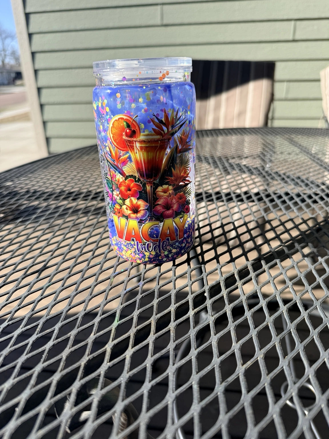 “Vacay Mode Happiness Cup – Beach Vibes Glitter Snowglobe Tumbler”