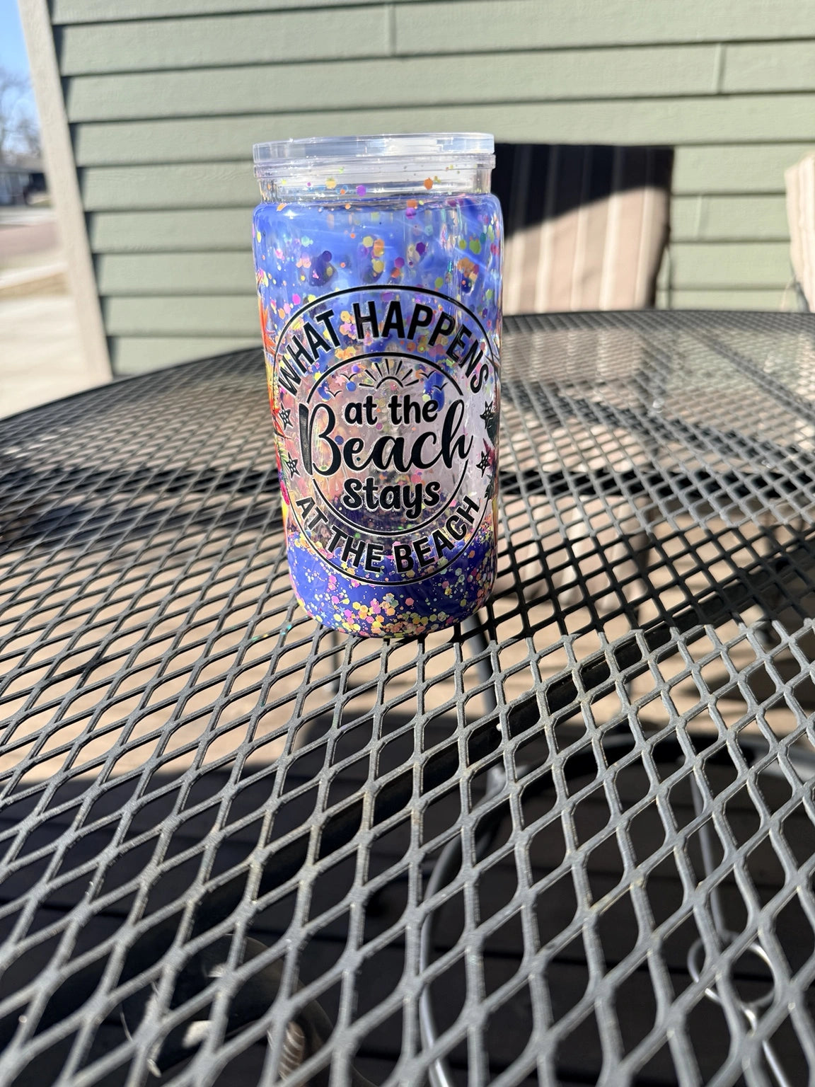 “Vacay Mode Happiness Cup – Beach Vibes Glitter Snowglobe Tumbler”