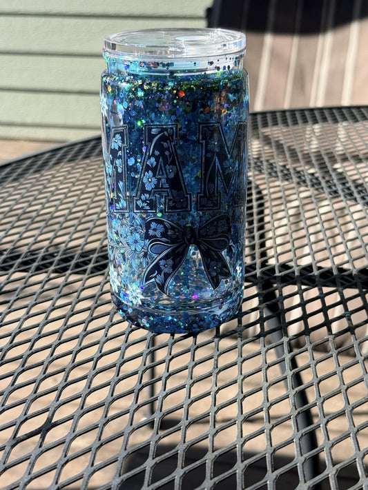 “Midnight Bloom Happiness Cup – Mama Blue Glitter Snowglobe Tumbler”