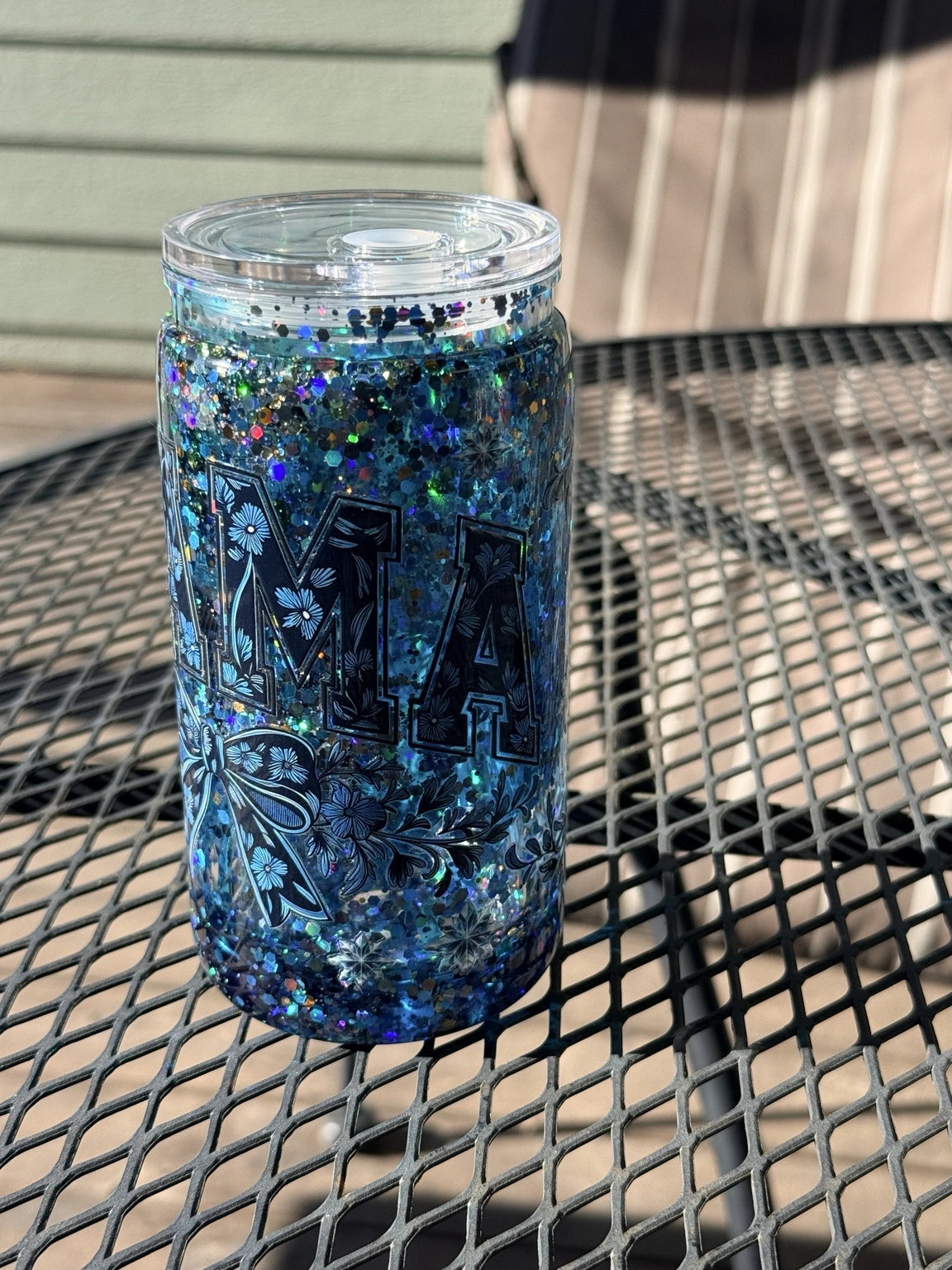 “Midnight Bloom Happiness Cup – Mama Blue Glitter Snowglobe Tumbler”