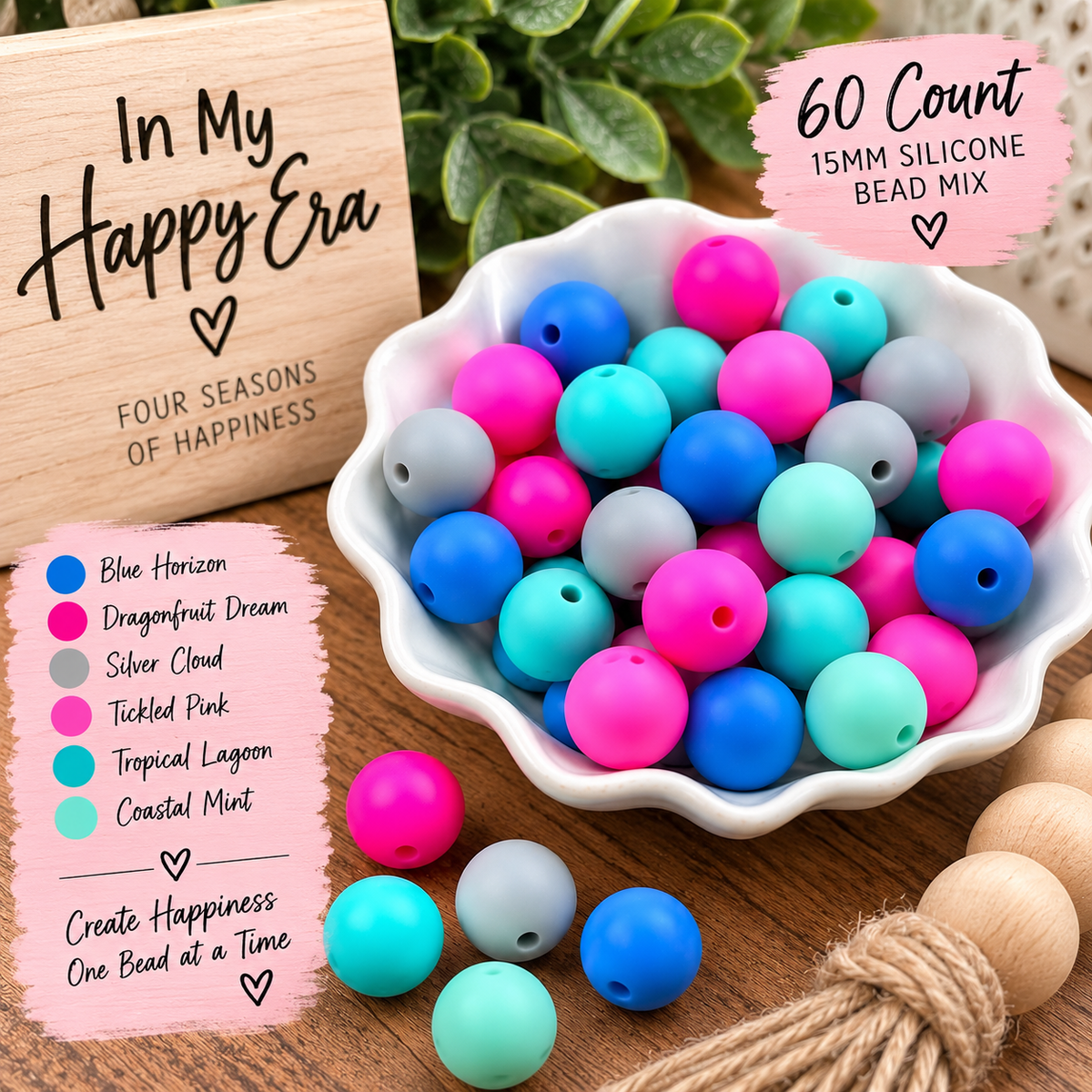 In My Happy Era 60-count 15mm silicone bead mix featuring Blue Horizon, Dragonfruit Dream, Silver Cloud, Tickled Pink, Tropical Lagoon and Coastal Mint.
