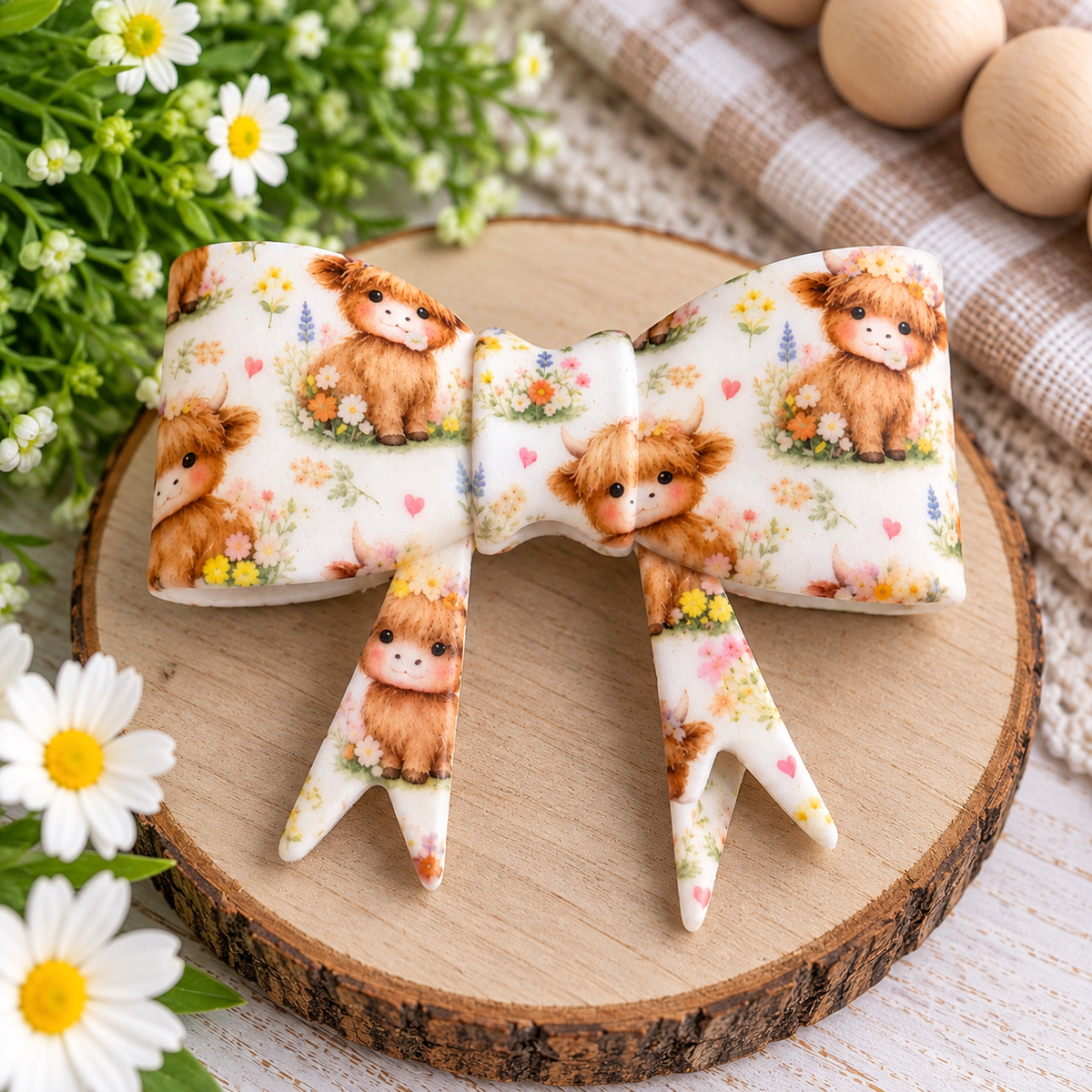 Large white silicone bow focal bead featuring cute brown cows, delicate wildflowers and soft pastel accents for DIY beading projects.