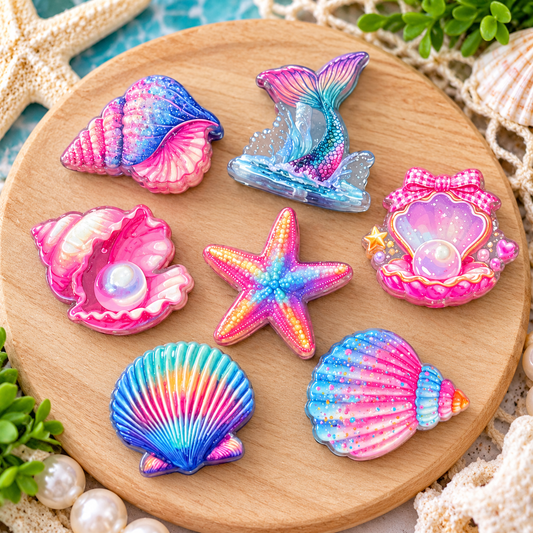 Colorful mermaid and ocean-themed acrylic focal beads featuring rainbow seashells, pink pearl clams, mermaid tails, and rainbow starfish in pink, purple, and blue shades. Sold in random 6-count bags.