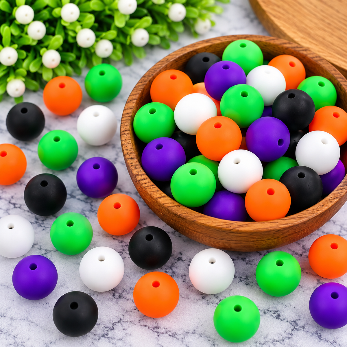 Monster Mash 15mm matte silicone bead mix featuring Citrus Glow, Midnight Onyx, Pure Snow, Meadow Green and Royal Amethyst in a 60-count mix.