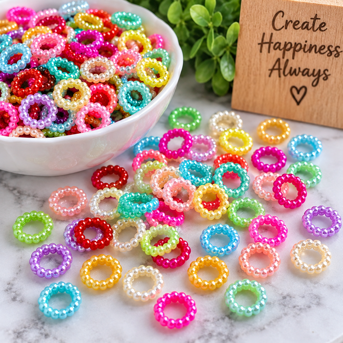 Assorted multicolor pearl ring spacer beads in pink, blue, green, yellow, purple and red, perfect for wristlets, keychains, pens and DIY bead projects.