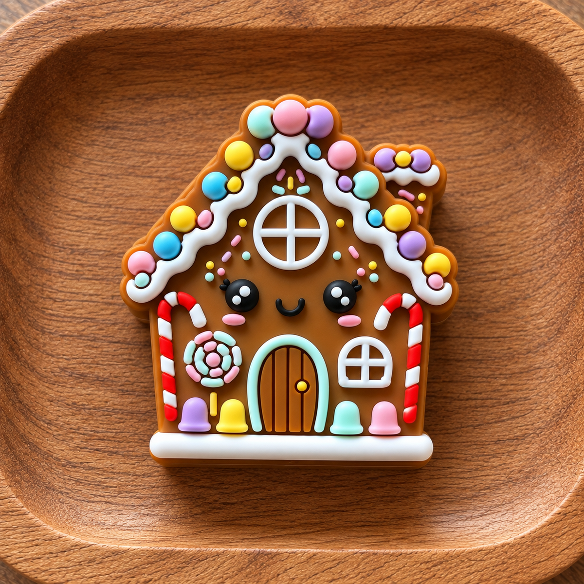 Brown gingerbread house silicone focal bead with pastel candy, white icing, candy canes, and a smiling face on a wooden tray.