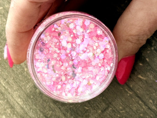 Pink Glow chunky and fine glitter mix with soft pink and iridescent sparkle for snow globe tumblers, resin crafts, and DIY tumbler projects from Four Seasons of Happiness.