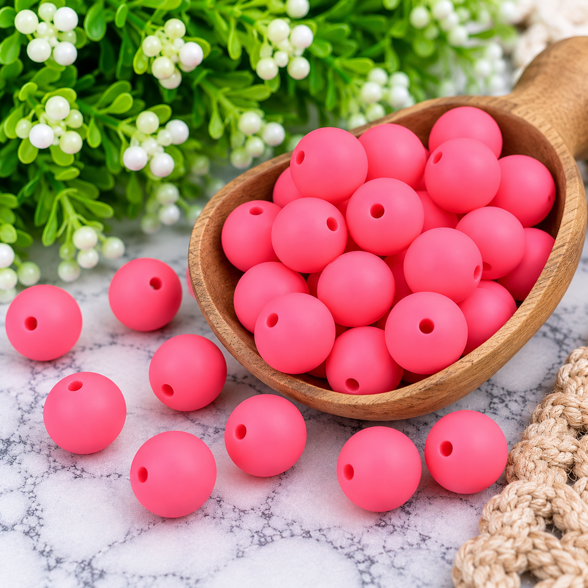Pink Guava 15mm matte silicone round beads in a vibrant pink-coral shade, available in 1, 15, 30, 60 and 120 count options from Four Seasons of Happiness.