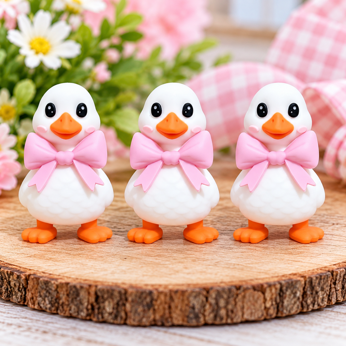 Adorable white duck silicone focal bead featuring a large pastel pink bow, orange beak and feet, glossy black eyes, and rosy cheeks, displayed in a spring-themed setting.