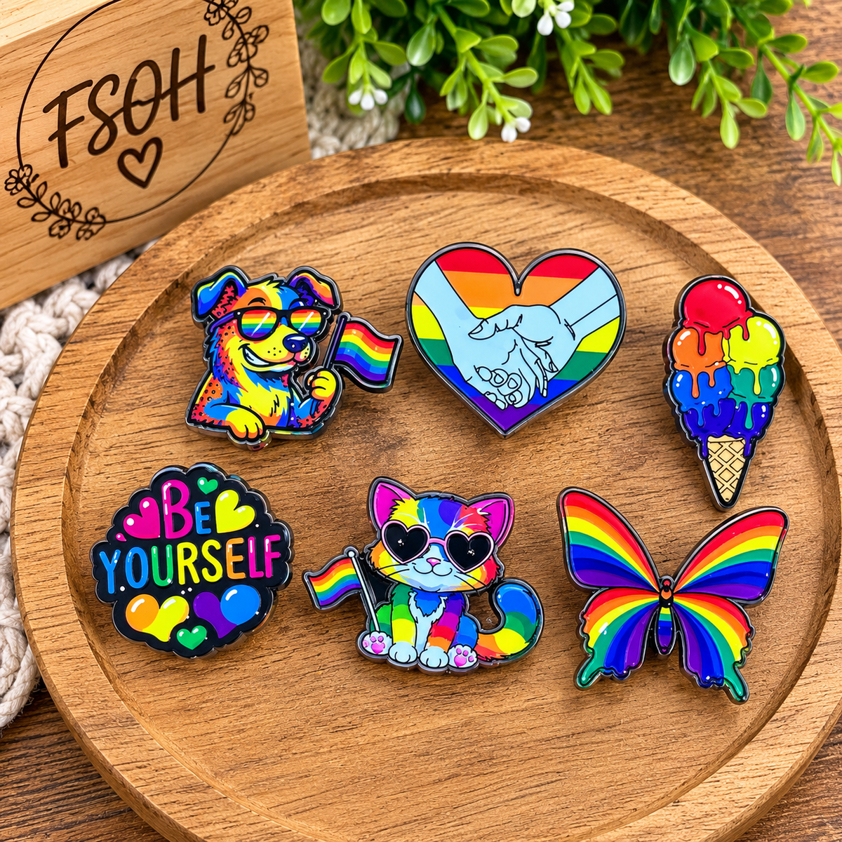 Random 6-count assortment of colorful rainbow-inspired acrylic focal beads with cheerful designs for beaded pens, keychains, wristlets and DIY crafts.