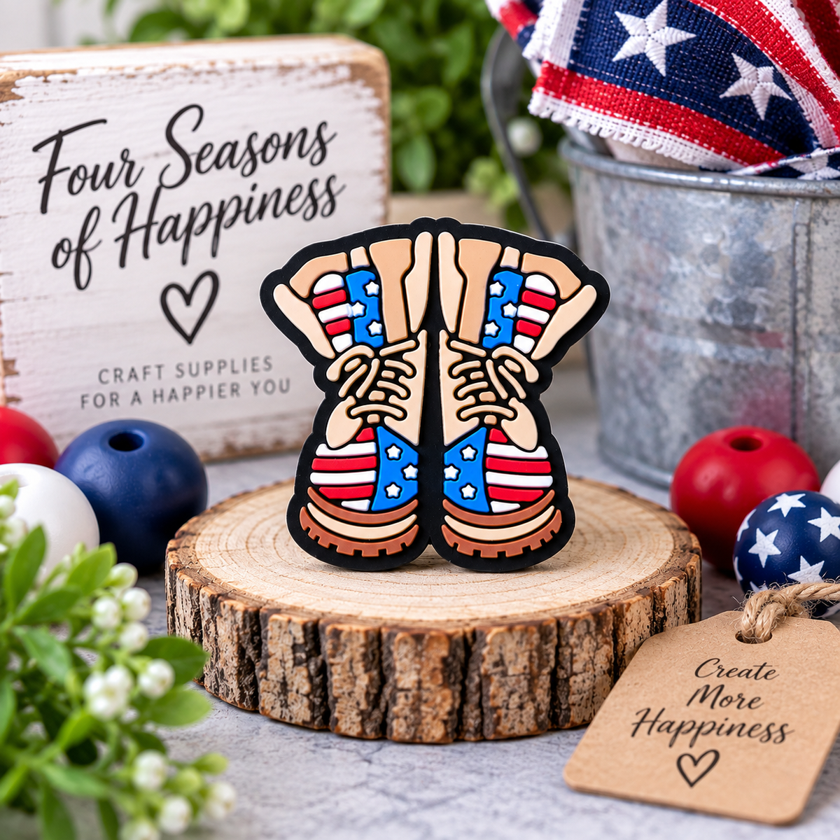 Stars & Stripes Boots silicone focal bead featuring tan western boots with red, white and blue patriotic star and stripe details from FSOH.