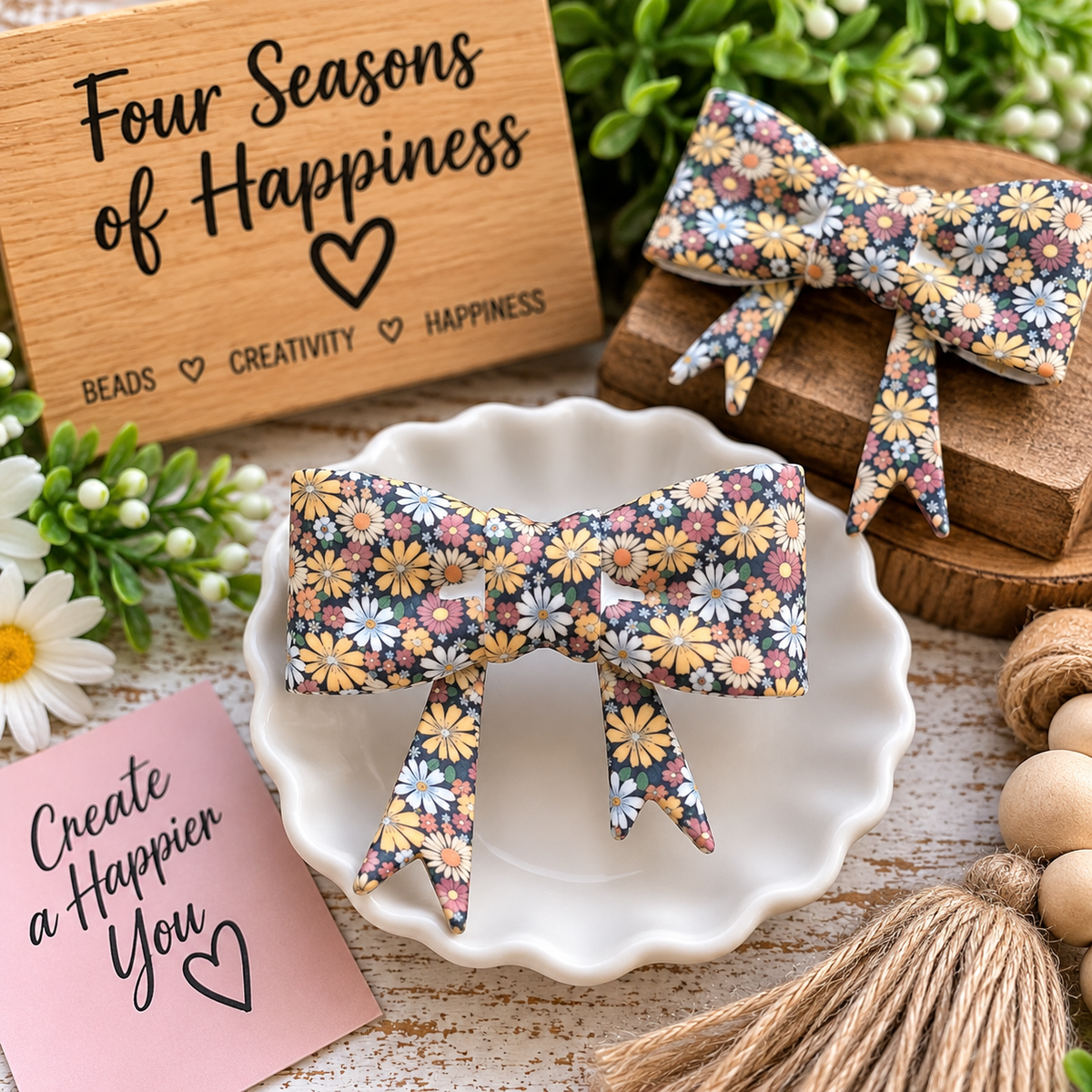 Vintage Wildflower large silicone bow focal bead featuring a soft multicolor floral print with dusty pink, yellow, blue and cream flowers and long ribbon tails.