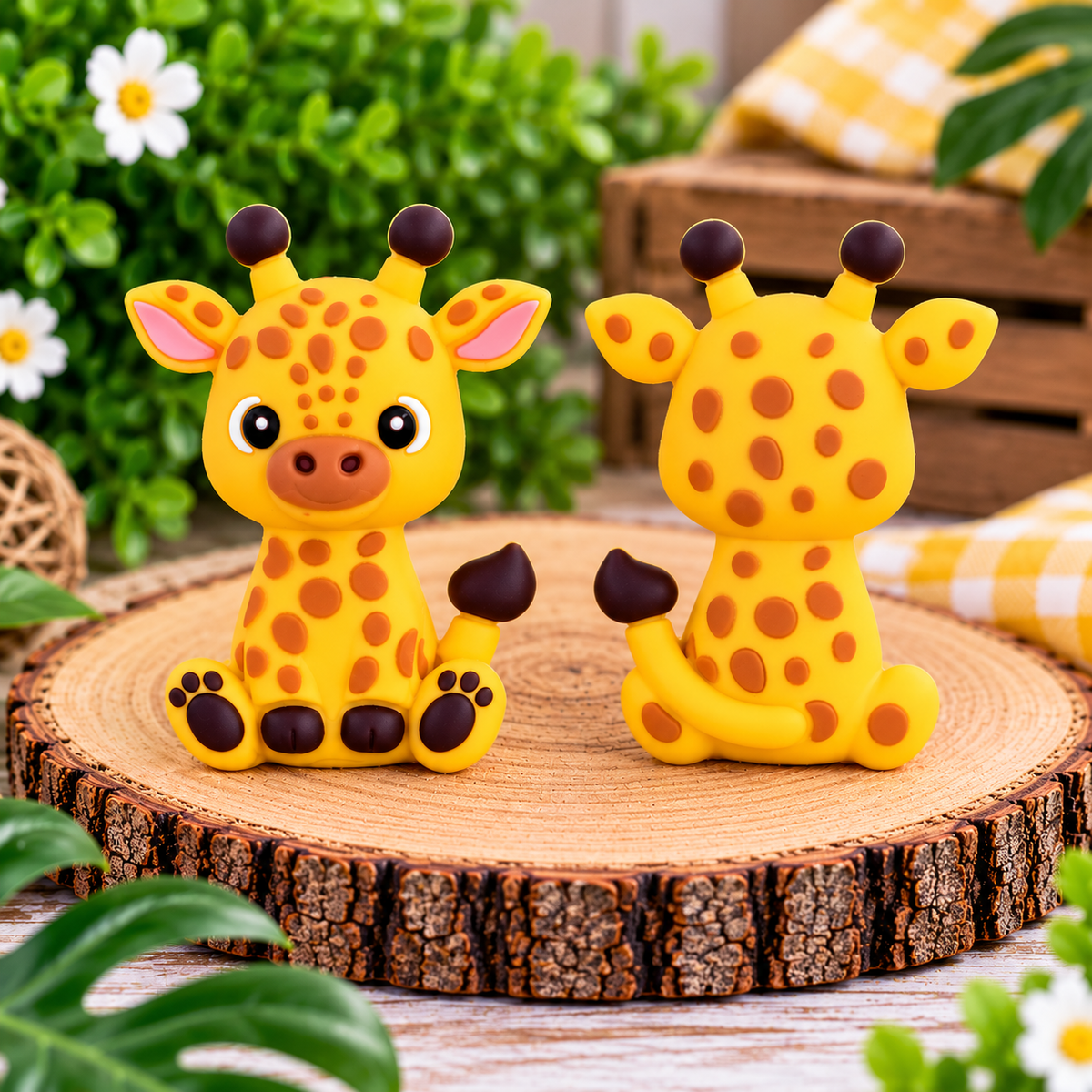 Cute yellow baby giraffe silicone focal bead with brown spots, pink ears, and adorable face for DIY wristlets, keychains, and beaded crafts.