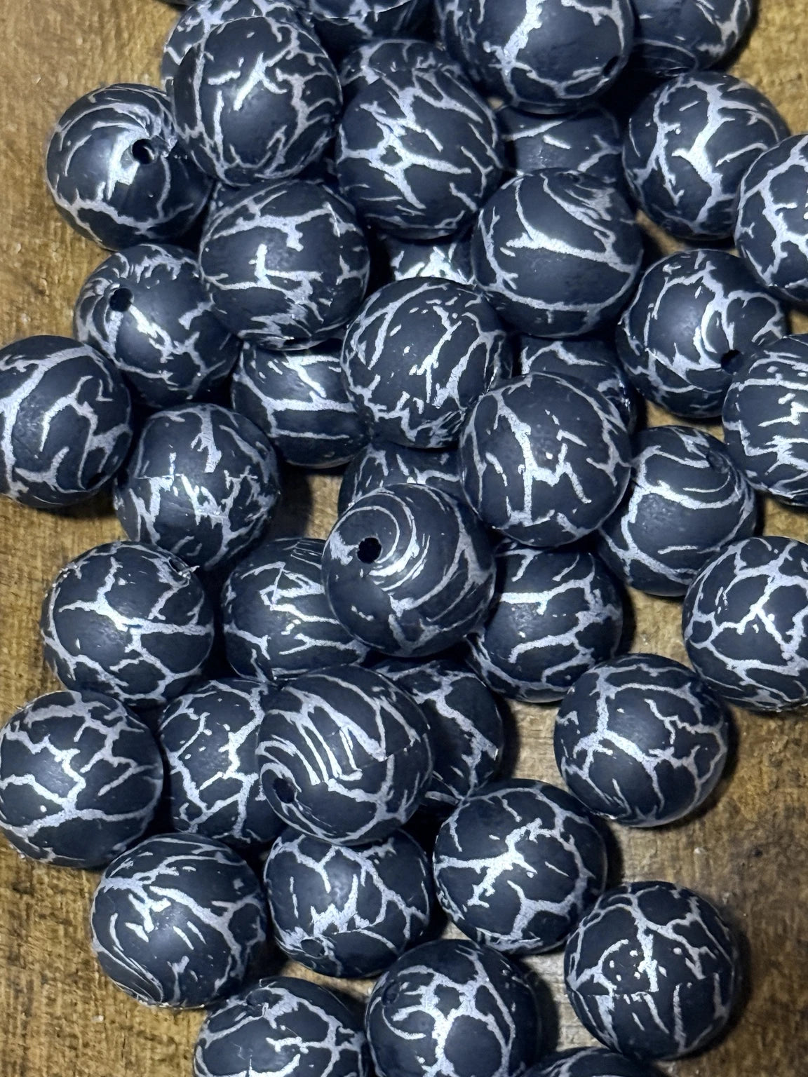 Black crackle silicone beads 15mm round for bracelet making, beadable pens and DIY jewelry crafts