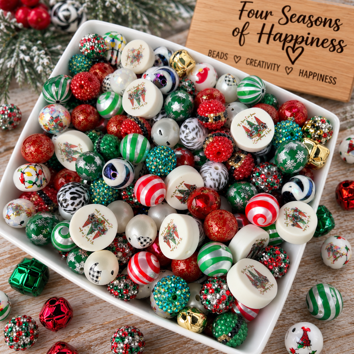 Christmas Cheer 20mm acrylic bead mix featuring assorted red, green, white, silver and gold holiday beads for pens, keychains, bag charms and crafts.