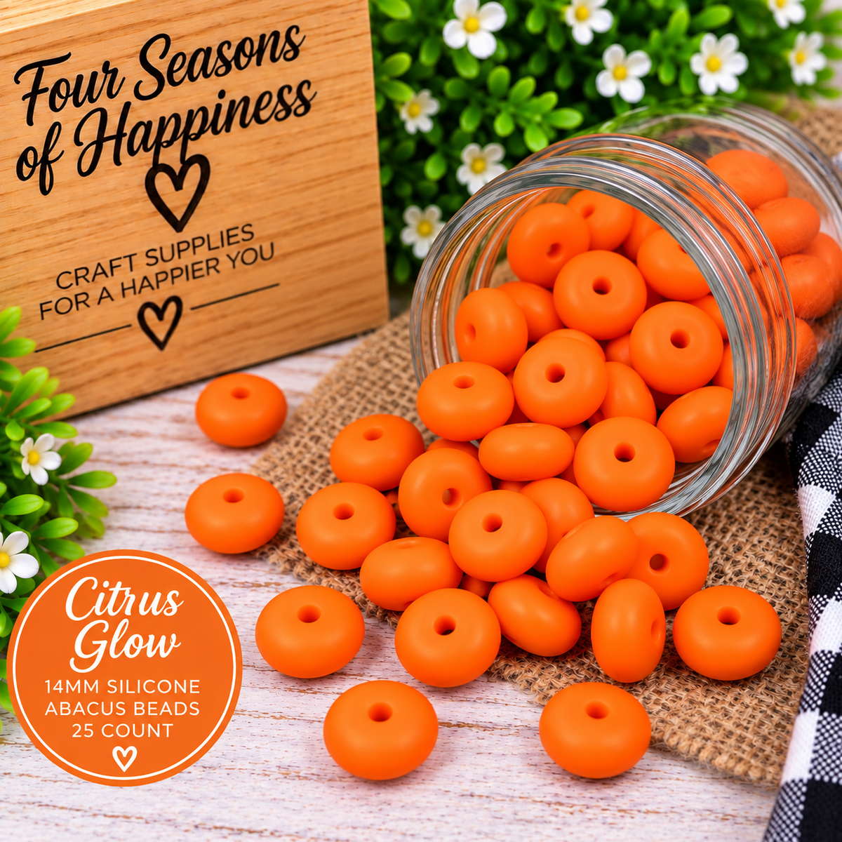 Citrus Glow 14mm matte silicone abacus spacer beads, sold in a 25-count bag by Four Seasons of Happiness.