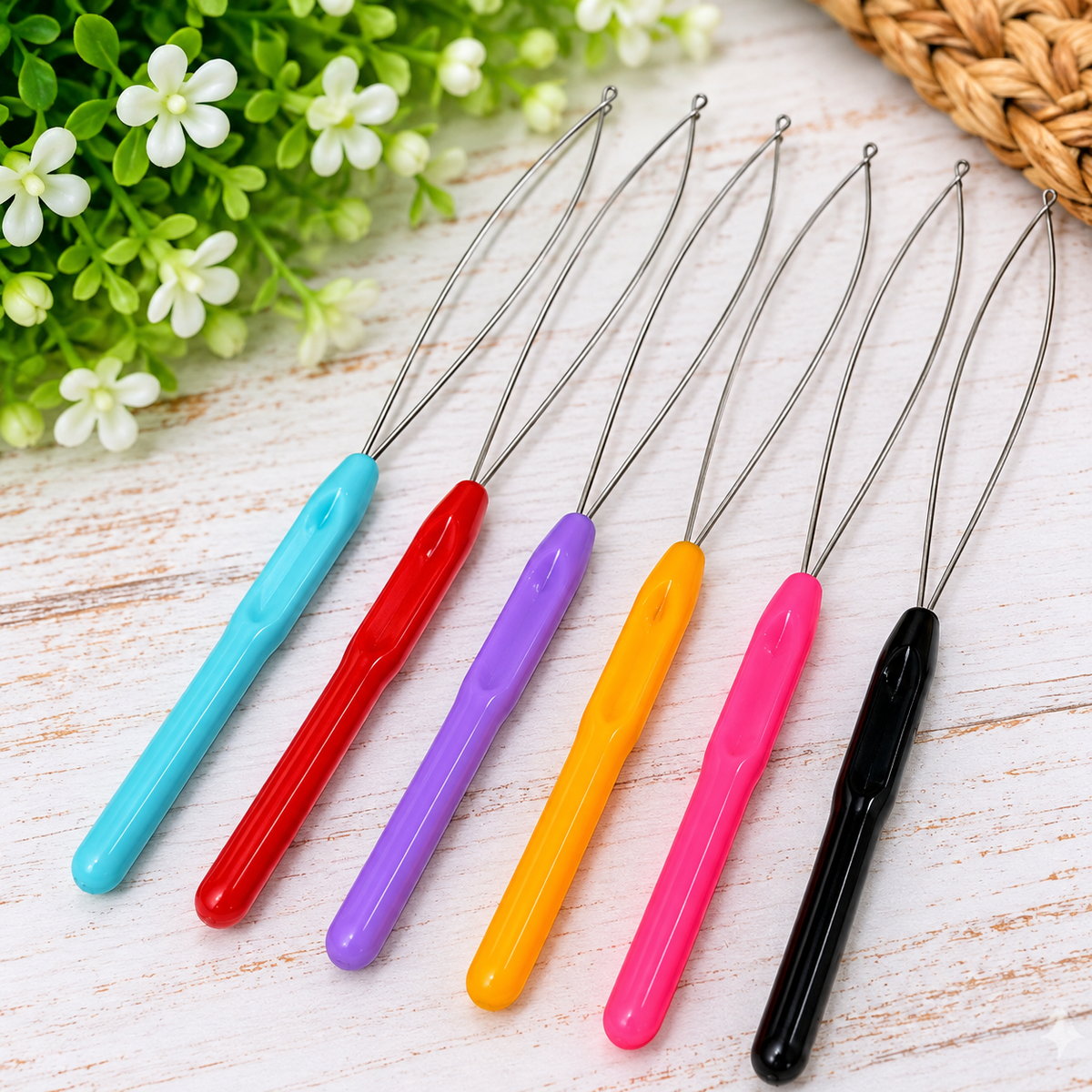 colorful wire loop bead needle threaders with light blue, red, purple, orange, pink and black handles, featuring flexible metal threading loops for DIY beading projects, sold individually by Four Seasons of Happiness.