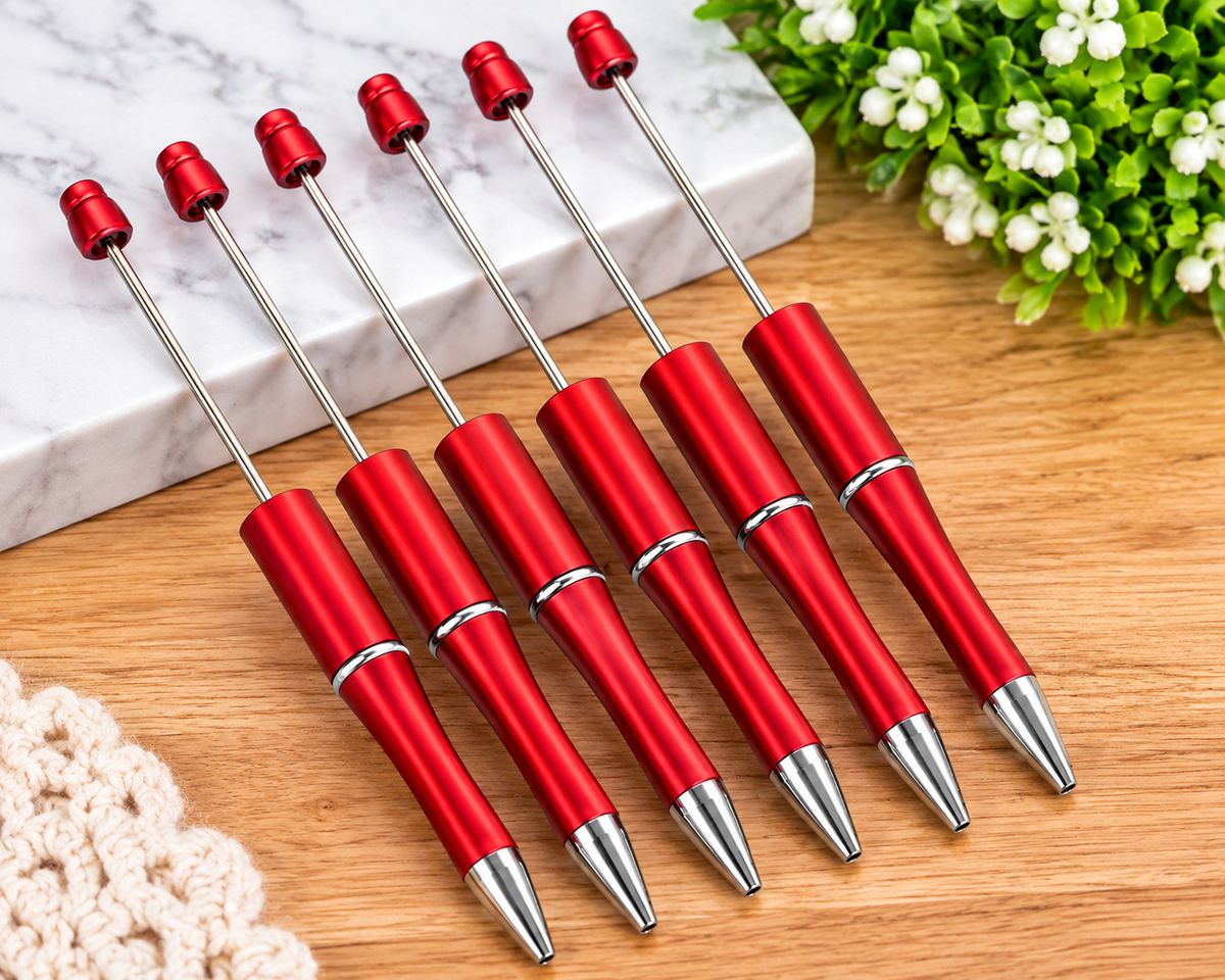 Crimson Kiss deep red beadable pen with silver accents and removable rod for creating custom DIY bead pens.
