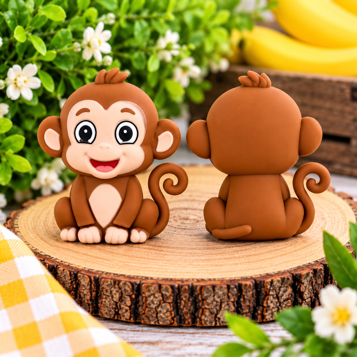 Cute brown monkey silicone focal bead with big eyes, smiling face, cream belly, and curled tail for DIY beaded pens, keychains, and wristlets.