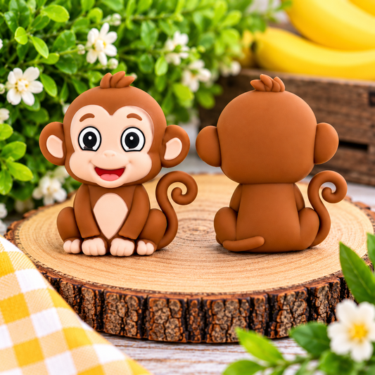 Cute brown monkey silicone focal bead with big eyes, smiling face, cream belly, and curled tail for DIY beaded pens, keychains, and wristlets.