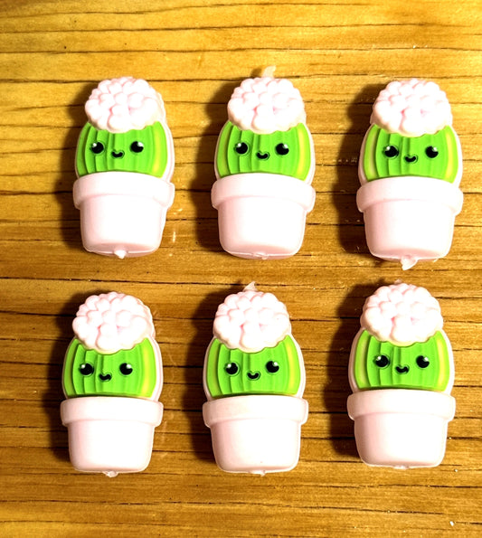 Cute cactus silicone focal beads in pink pots with flower top – perfect for beadable pens, keychains and DIY crafts