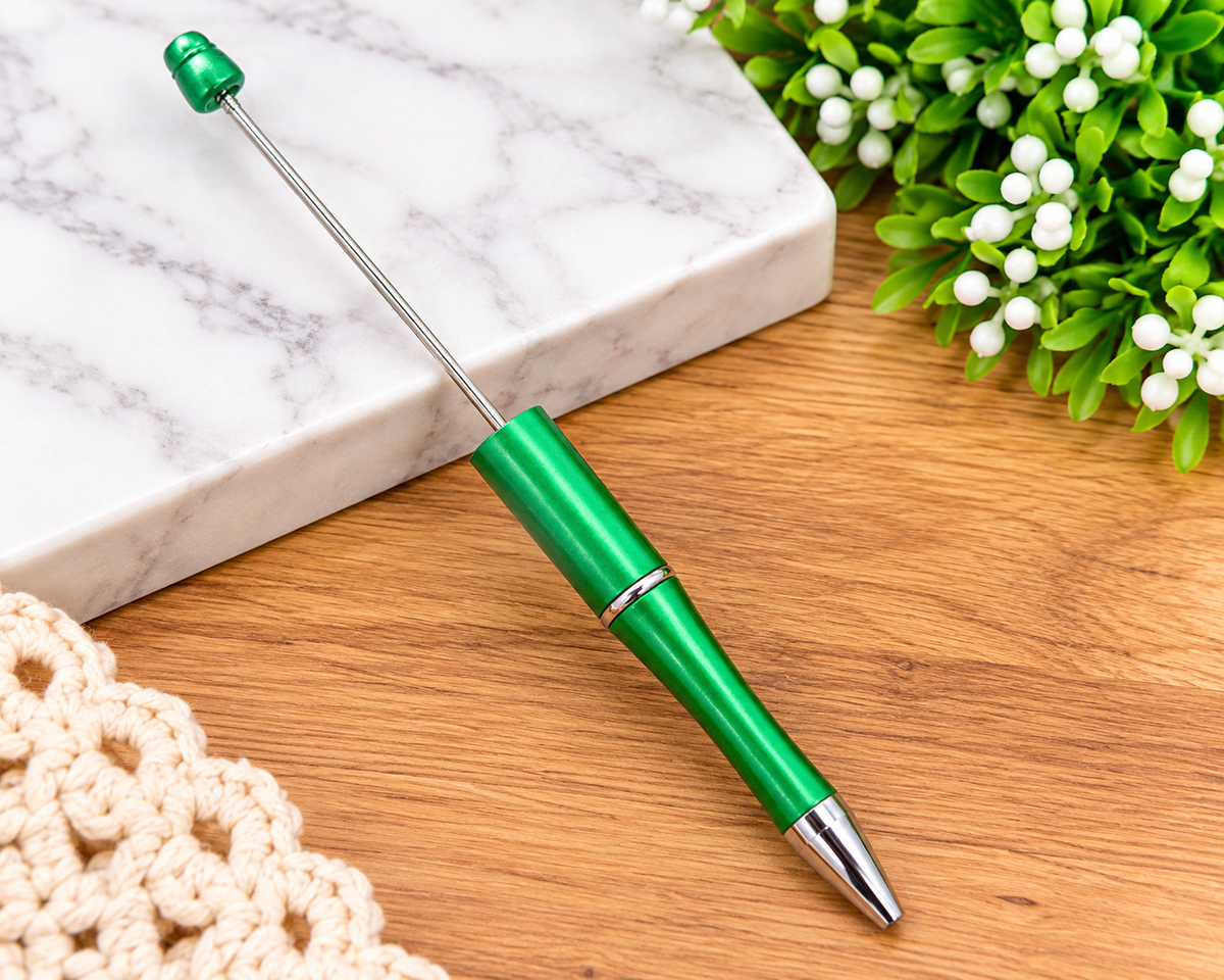 Emerald Glow metallic green beadable pen with silver accents and removable rod for creating custom DIY bead pens.