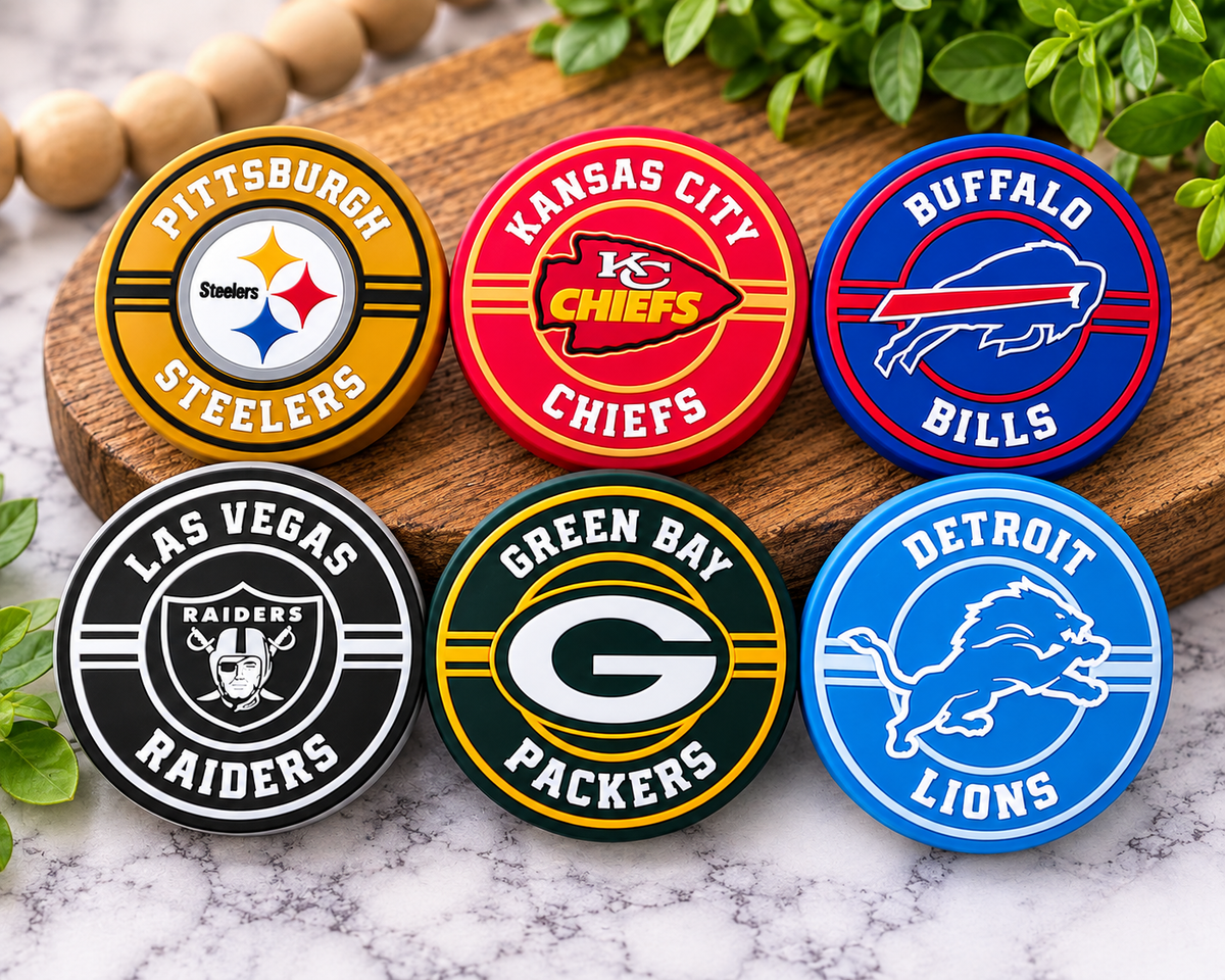 Round football team silicone focal bead for DIY wristlet keychains, bag charms and sports-themed bead projects.