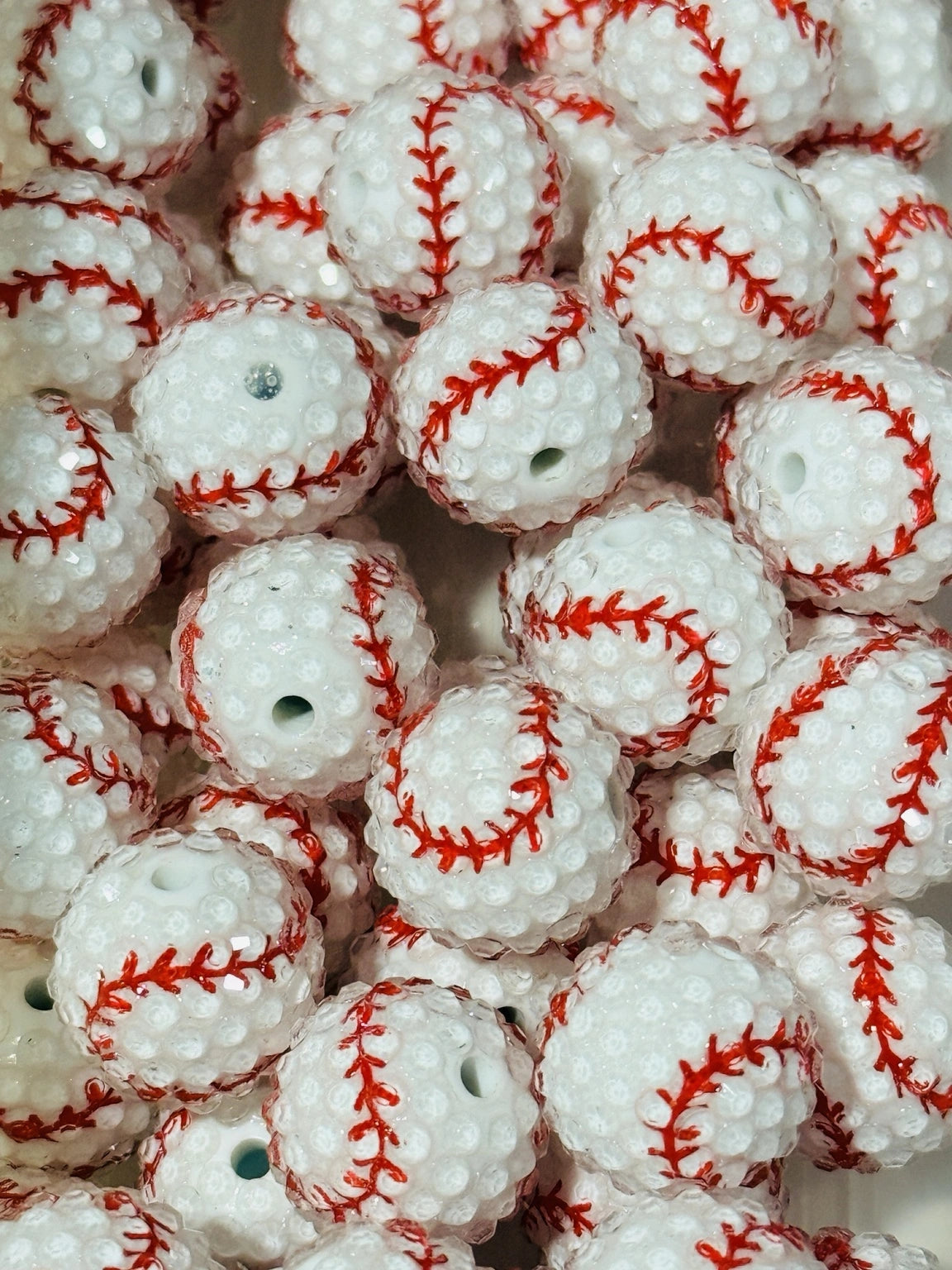 20mm white baseball rhinestone acrylic beads with red stitching textured sports beads for crafts