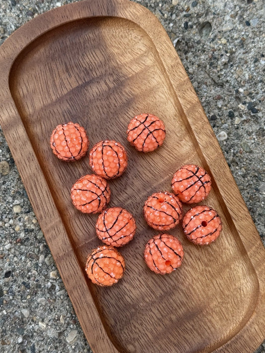 FSOH premium 20mm orange basketball rhinestone acrylic beads featuring black basketball detailing and sparkling faceted texture. Lightweight craft beads sold in 10-count bags for beadable pens, keychains, wristlets, badge reels, bookmarks, jewelry, sports-themed crafts, and DIY projects.