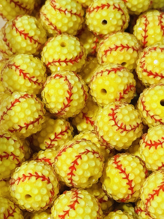 20mm yellow softball rhinestone acrylic beads red stitching textured sports beads for crafts