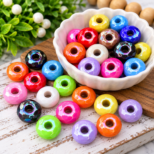 Mixed-color acrylic wide mouth faceted spacer beads with an iridescent finish in a 25-count bag for beaded pens, keychains, wristlets, badge reels, jewelry making, and DIY crafts.
