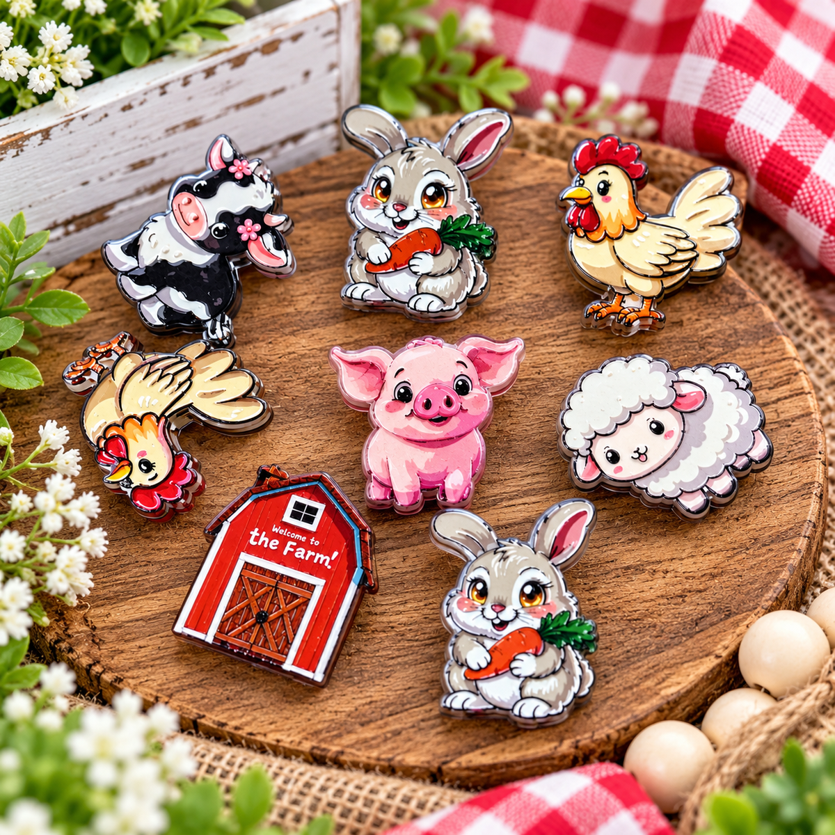 Assorted Barnyard Buddies acrylic focal bead mix featuring farm animals including bunny, pig, sheep, chicken, cow, and red barn designs. Mixed bag of 5 assorted acrylic focal beads for beaded pens, keychains, and DIY crafts.