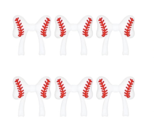 White baseball bow silicone focal beads with red stitching detail for beadable pens, softball accessories, keychains, badge reels, and sporty DIY crafts