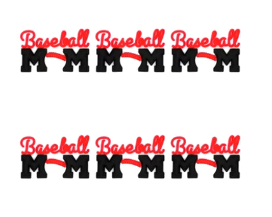 Baseball Mom silicone focal bead with black lettering and baseball stitch detail for beadable pens, wristlets, and sports-themed DIY crafts