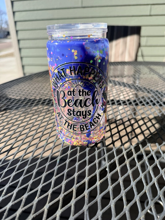 What happens at the beach stays glitter snowglobe tumbler 16oz acrylic cup with straw