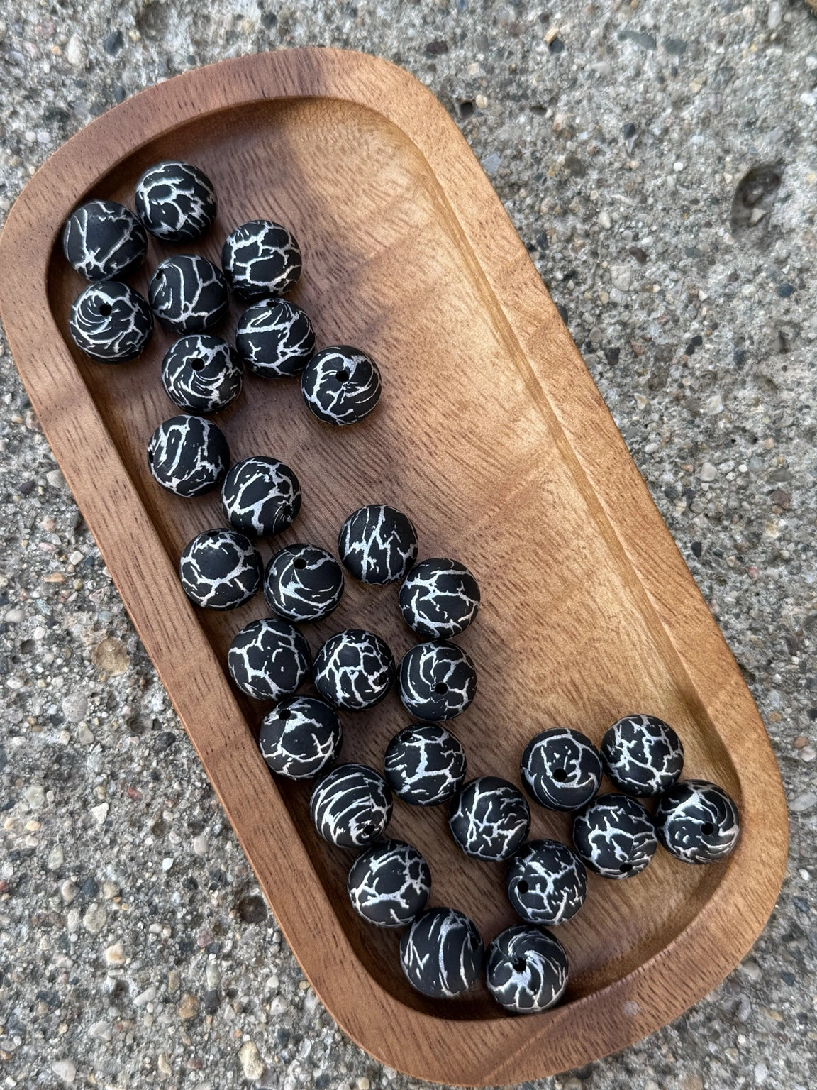 Black Crackle 15mm printed silicone beads with white crackle pattern for beadable pens, keychains, wristlets, badge reels, bookmarks, lanyards, and DIY craft projects.