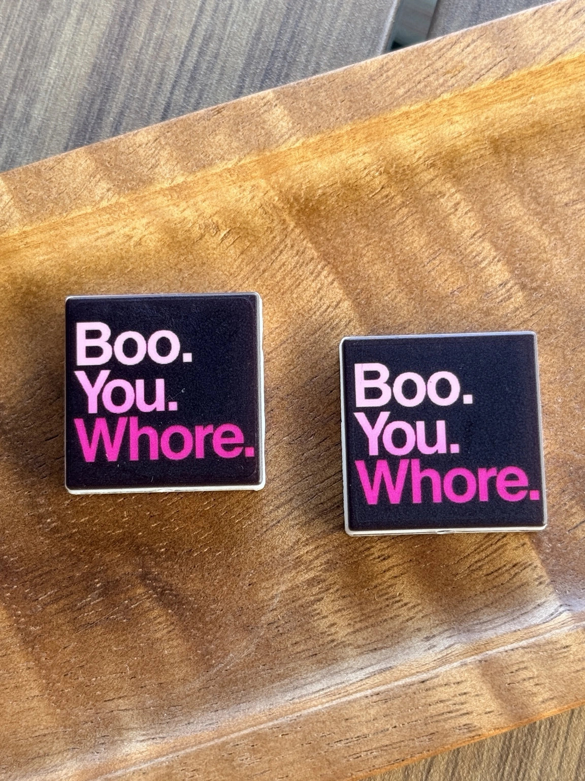 Black and pink Halloween silicone focal bead featuring the phrase “Boo. You. Whore.” for keychains, badge reels, pens, and DIY crafts.