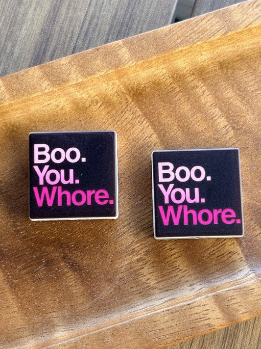 Black and pink Halloween silicone focal bead featuring the phrase “Boo. You. Whore.” for keychains, badge reels, pens, and DIY crafts.