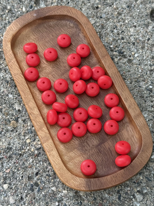 Premium FSOH Cherry Pop 14mm silicone abacus spacer beads in a vibrant red matte finish, sold in 25-count bags for beaded pens, wristlets, badge reels, keychains, jewelry making, and DIY craft projects
