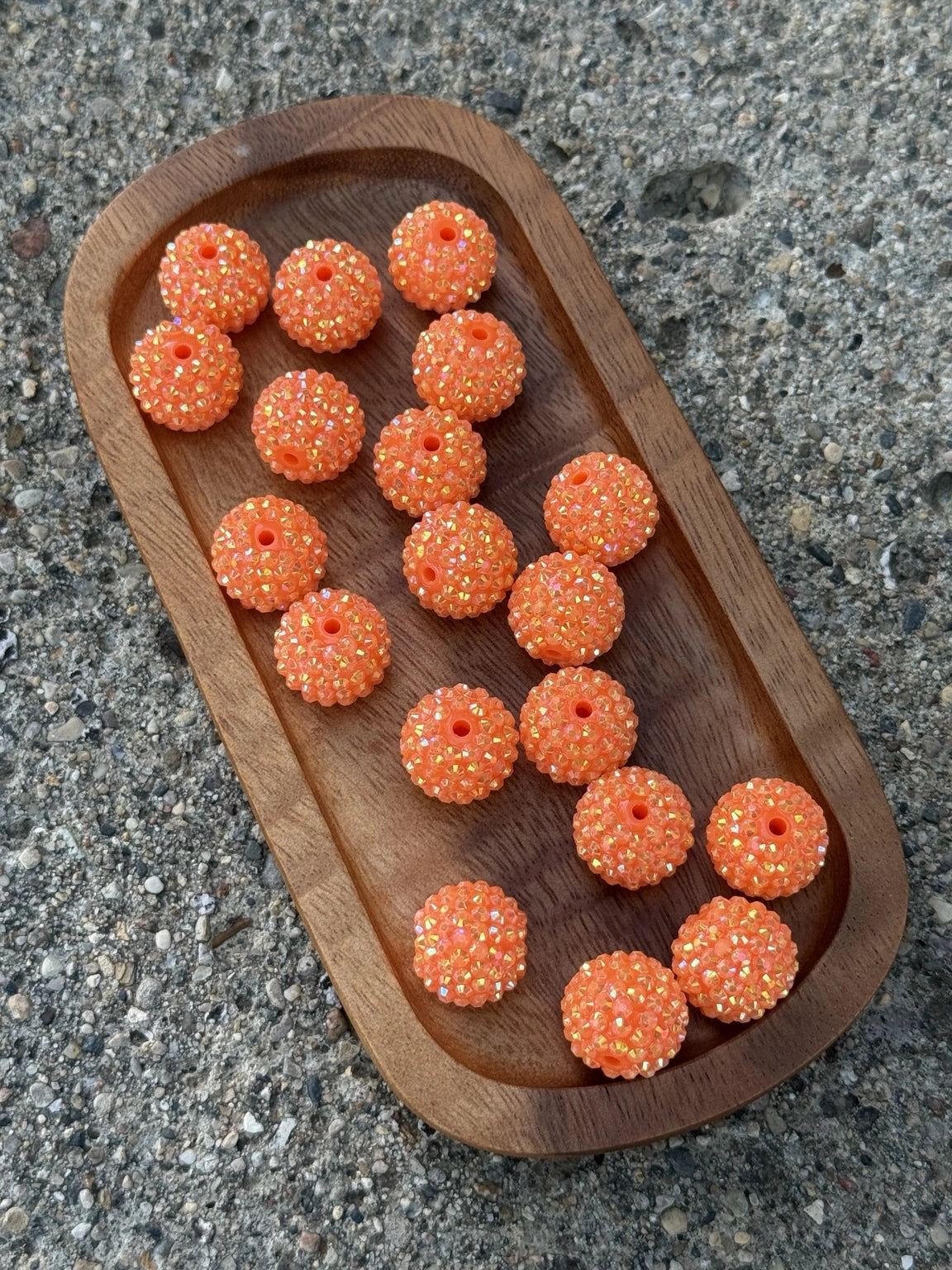 FSOH Citrus Glow 20mm acrylic rhinestone beads in bright orange with AB sparkle, sold in a 10-count bag for beadable pens, keychains, wristlets, badge reels, and DIY crafts.