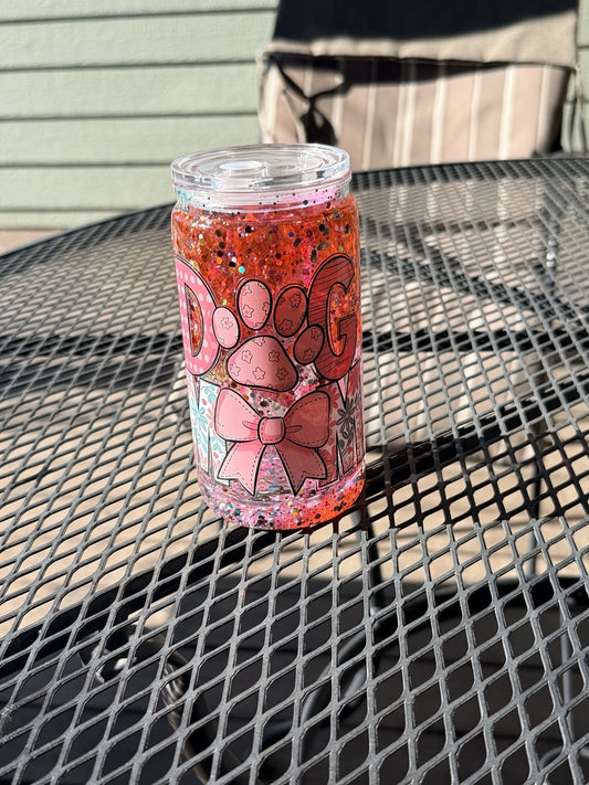 Dog mom pink glitter snowglobe tumbler acrylic cup with bows and lid straw