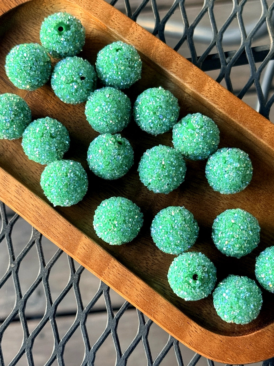 20mm green acrylic sugar beads with sparkling textured finish for beadable pens, jewelry making, keychains, and DIY crafts