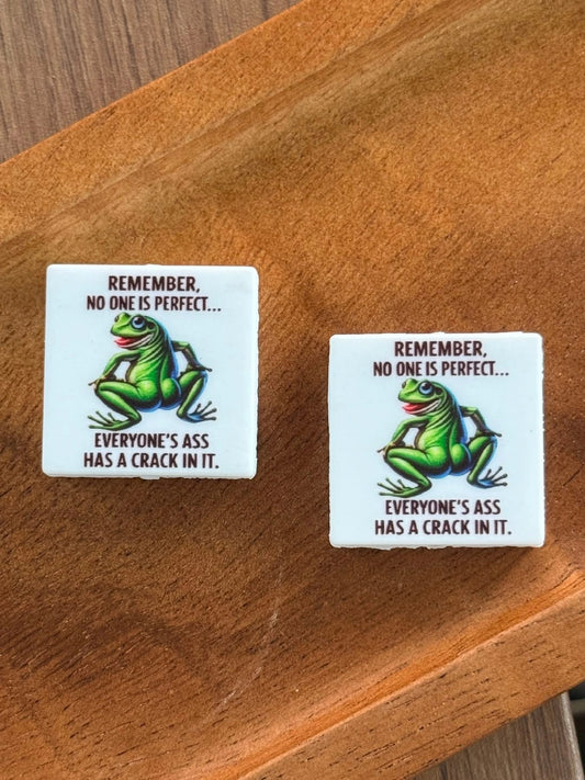 Funny frog silicone focal bead featuring the phrase “Remember, No One Is Perfect… Everyone’s Ass Has a Crack in It” for beadable pens, keychains, wristlets, badge reels, and DIY craft projects.