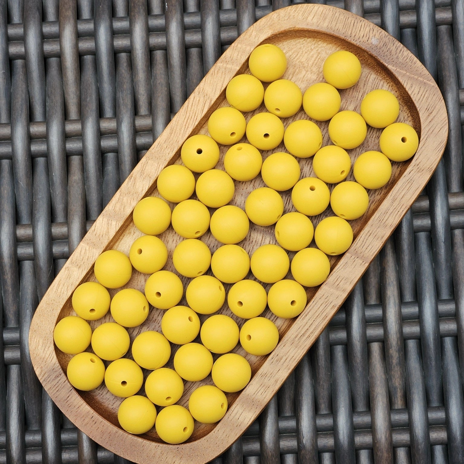 FSOH Golden Daffodil premium 15mm silicone round beads in a vibrant matte yellow color. BPA-free food-grade silicone craft beads available in 1, 15, 30, 60, and 120 count options for beadable pens, wristlets, keychains, badge reels, jewelry, bookmarks, and DIY craft projects.